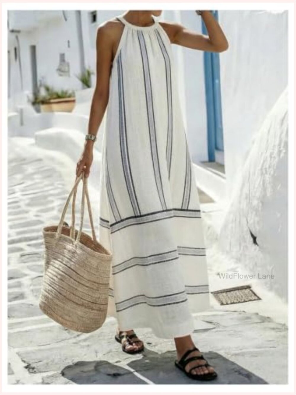 Striped Halter Maxi Dress Sleeveless A-Line Flowy Summer Casual Long Sundress - Picture 4 of 6